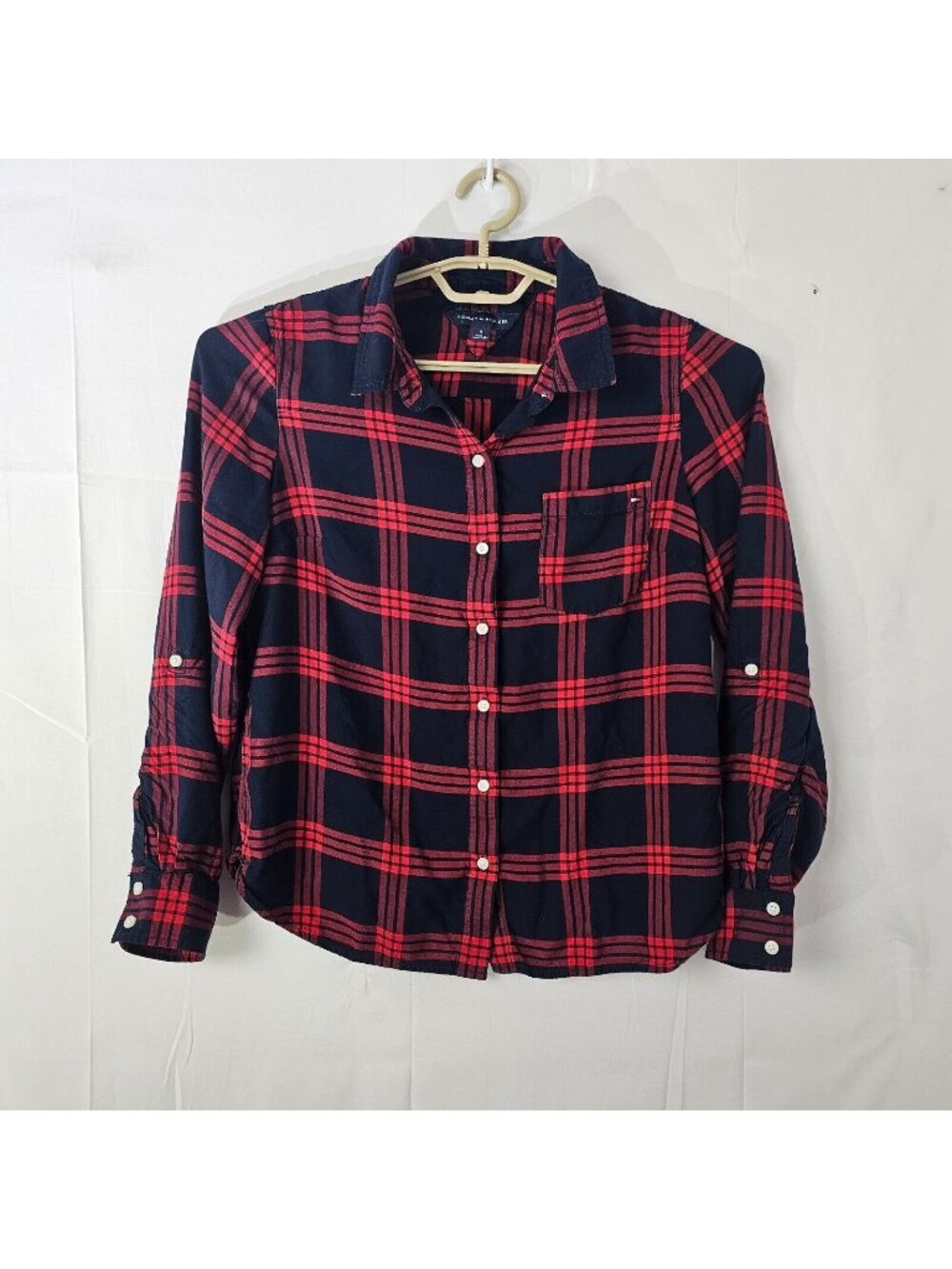 Tommy Hilfiger Button Up Shirt Womens M Red Blue Plaid Long Sleeve Casual Top
